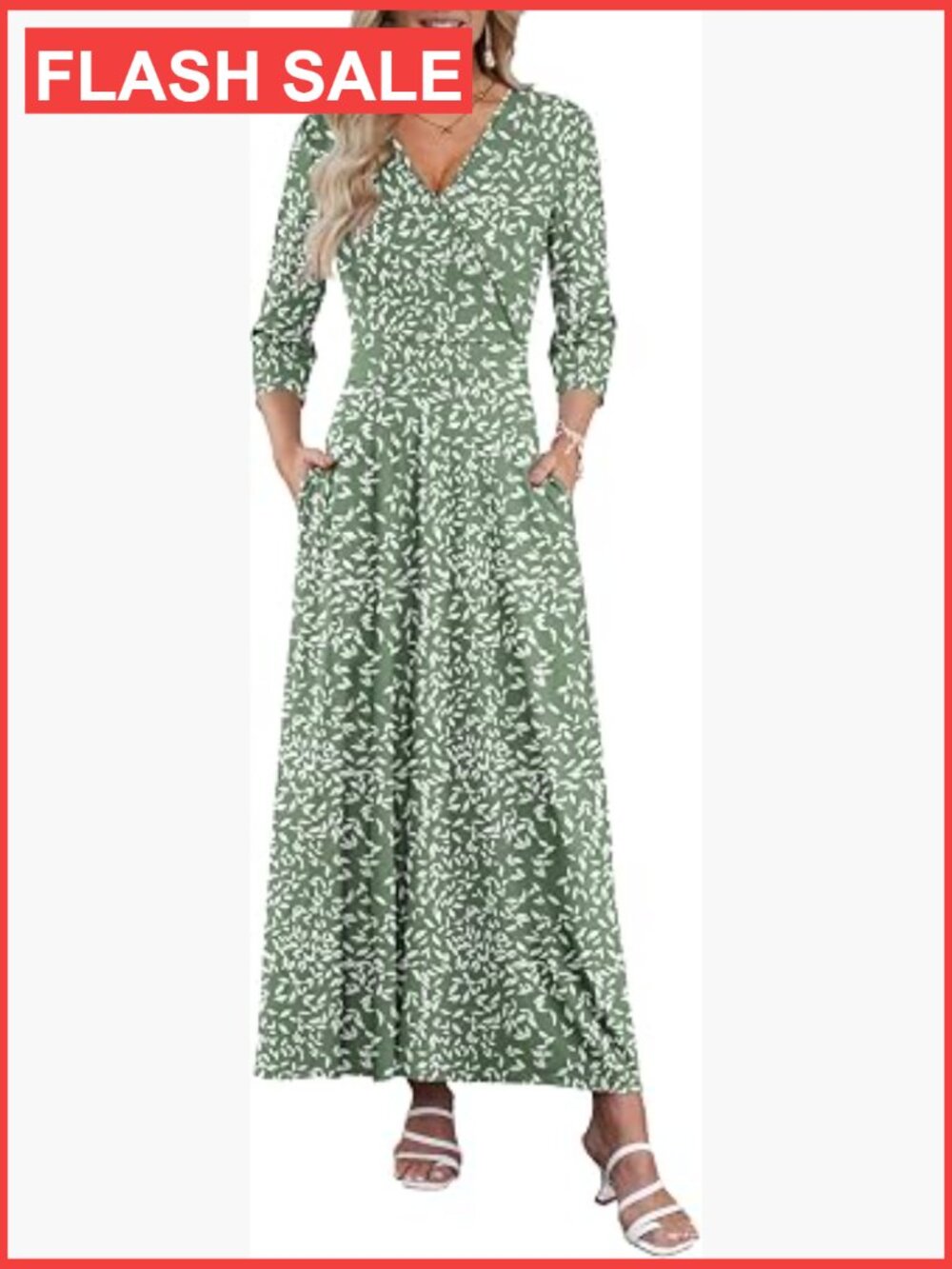 Maxi Dress Women 3/4 Sleeve V Neck Wrap Elegant Long Dress with Pockets